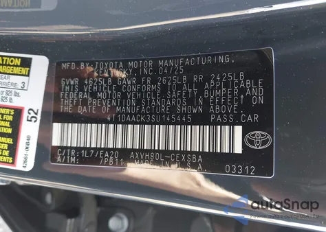 2025 Toyota Camry Se from USA, damaged, VIN 4T1DAACK3SU145445